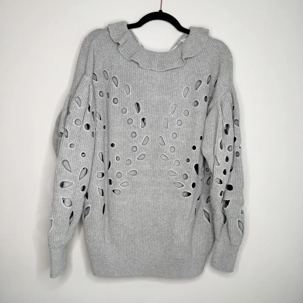 Ulla Johnson Francia Cutout Ribbed Sweater Gray Open Back Bow XS P